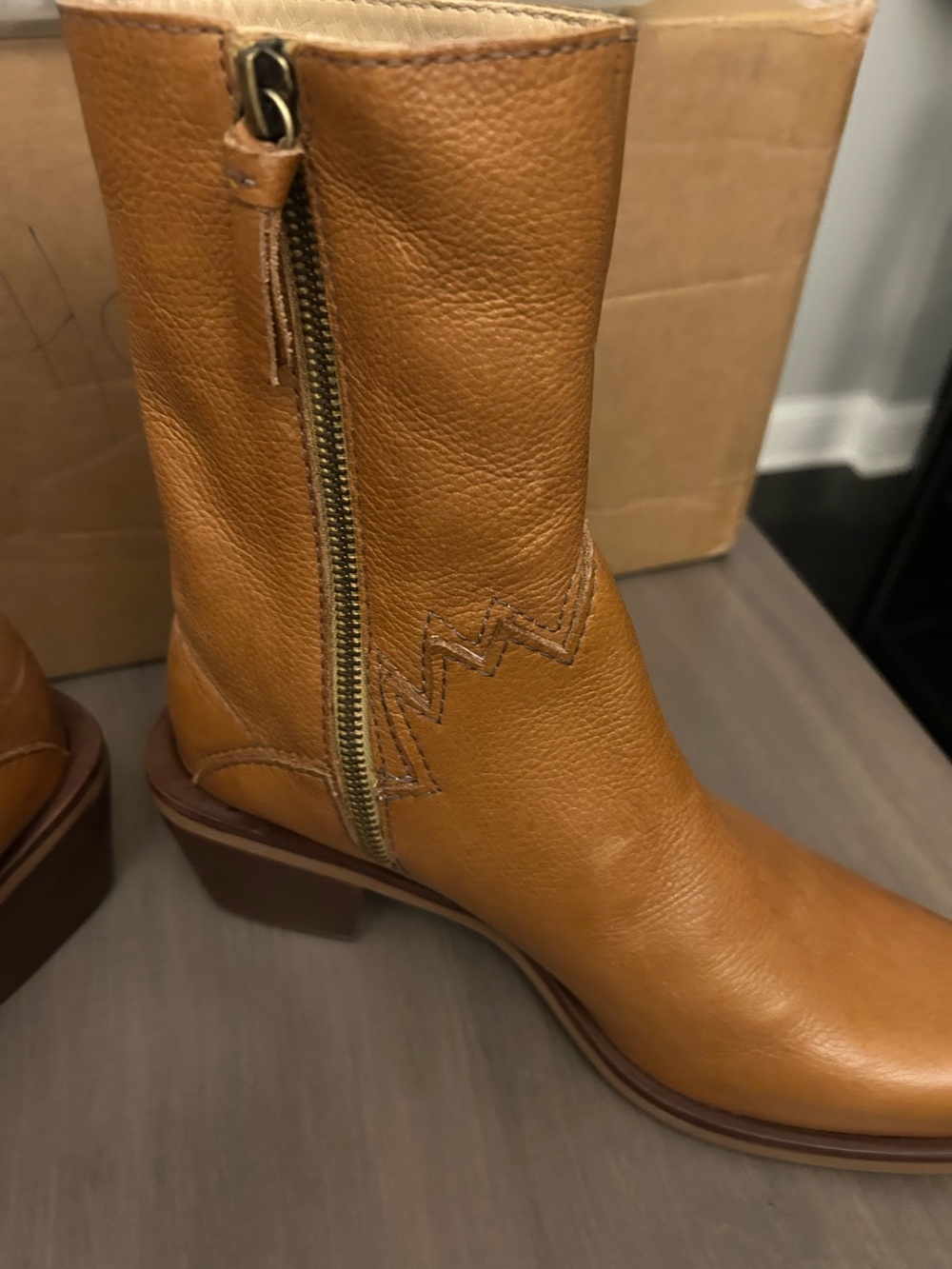 Tan Leather Side-Zip Ankle Bootie with Zigzag Stitch Detail